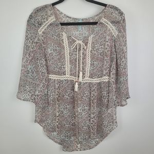 MAURICES Babydoll Top Size L Sheer Lace Floral Fairycore Flowy Boho Y2K